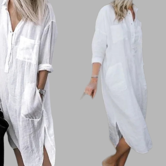 🆕Cotton Summer Maxi Shirt Dress Button Up Baggy Lounge Swim Cover Navy Blue Med - Picture 2 of 3